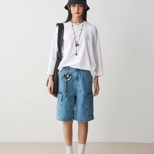 Bone Position Three-Quarter Sleeve T-Shirt - Loose Casual White Top for Everyday Style