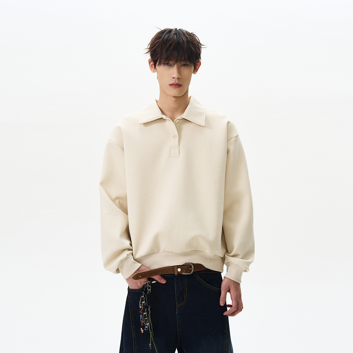 Boxy Cropped Polo Collar Sweatshirt in Space Cotton - Unisex American Street Style Trend for Men and Women