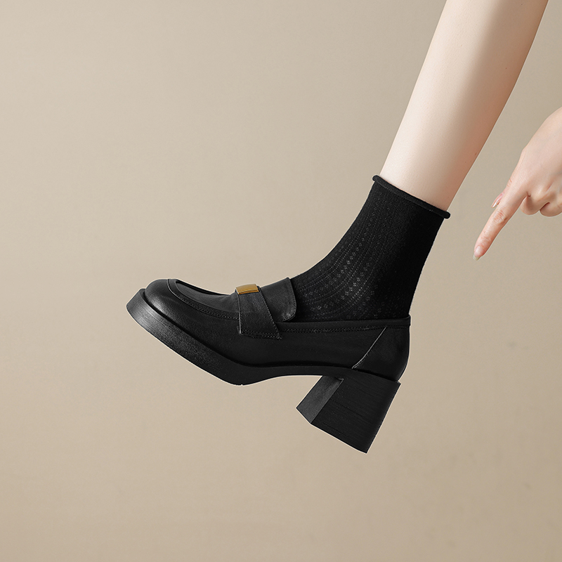 British Style Chunky High Heel Loafers for Women - Thick-Soled Square Toe Leather Shoes with Metal Buckle and Deep Mouth Design