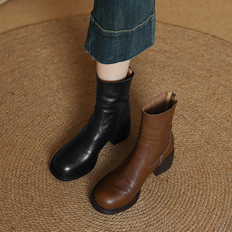British Style Genuine Leather Chunky Heel Round Toe Ankle Boots for Women with Back Zipper - Martin Boots for Autumn & Winter Fashion