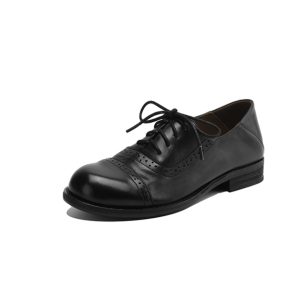 British Style Round Toe Leather Chunky Heel Lace-Up Loafers for Women - Soft Genuine Leather College JK Style Footwear