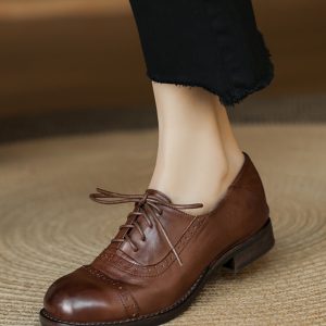 British Style Round Toe Leather Chunky Heel Lace-Up Loafers for Women - Soft Genuine Leather College JK Style Footwear