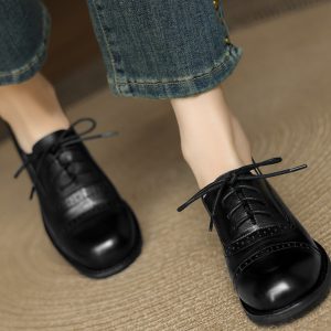 British Style Round Toe Leather Chunky Heel Lace-Up Loafers for Women - Soft Genuine Leather College JK Style Footwear