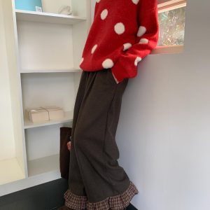 Brown Caramel Straight Lace Pants for Women - Casual Versatile Long Trousers for Autumn Winter - Trendy Y2K Style