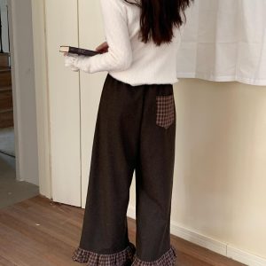 Brown Caramel Straight Lace Pants for Women - Casual Versatile Long Trousers for Autumn Winter - Trendy Y2K Style