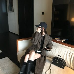 Brown Check Wool Coat for Women - Long Woolen Overcoat, Perfect for Spring & Winter, Classic Style, Timeless Fashion