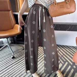 Brown Floral Loose Pants for Women - Lightweight & Breathable Summer Style 2025, Flattering for Pear-Shaped Figures, Relaxed Fit Walking Pants