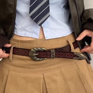 Brown Leather Slim Waist Belt for Women - American Retro Style, Versatile Design for Jeans, Niche Trend Accessory