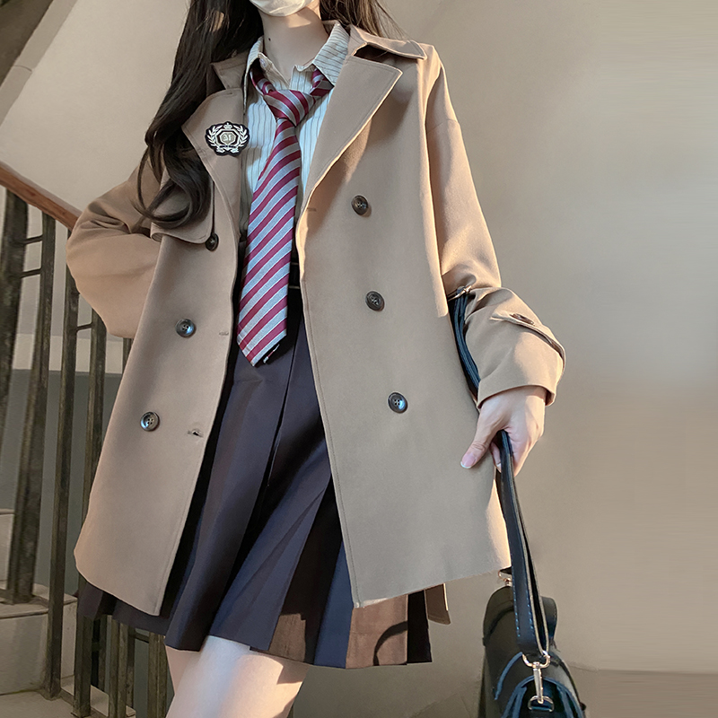 Brown Mid-Length Trench Coat for Women - 2024 Autumn JK Uniform Style for Petite Sizes