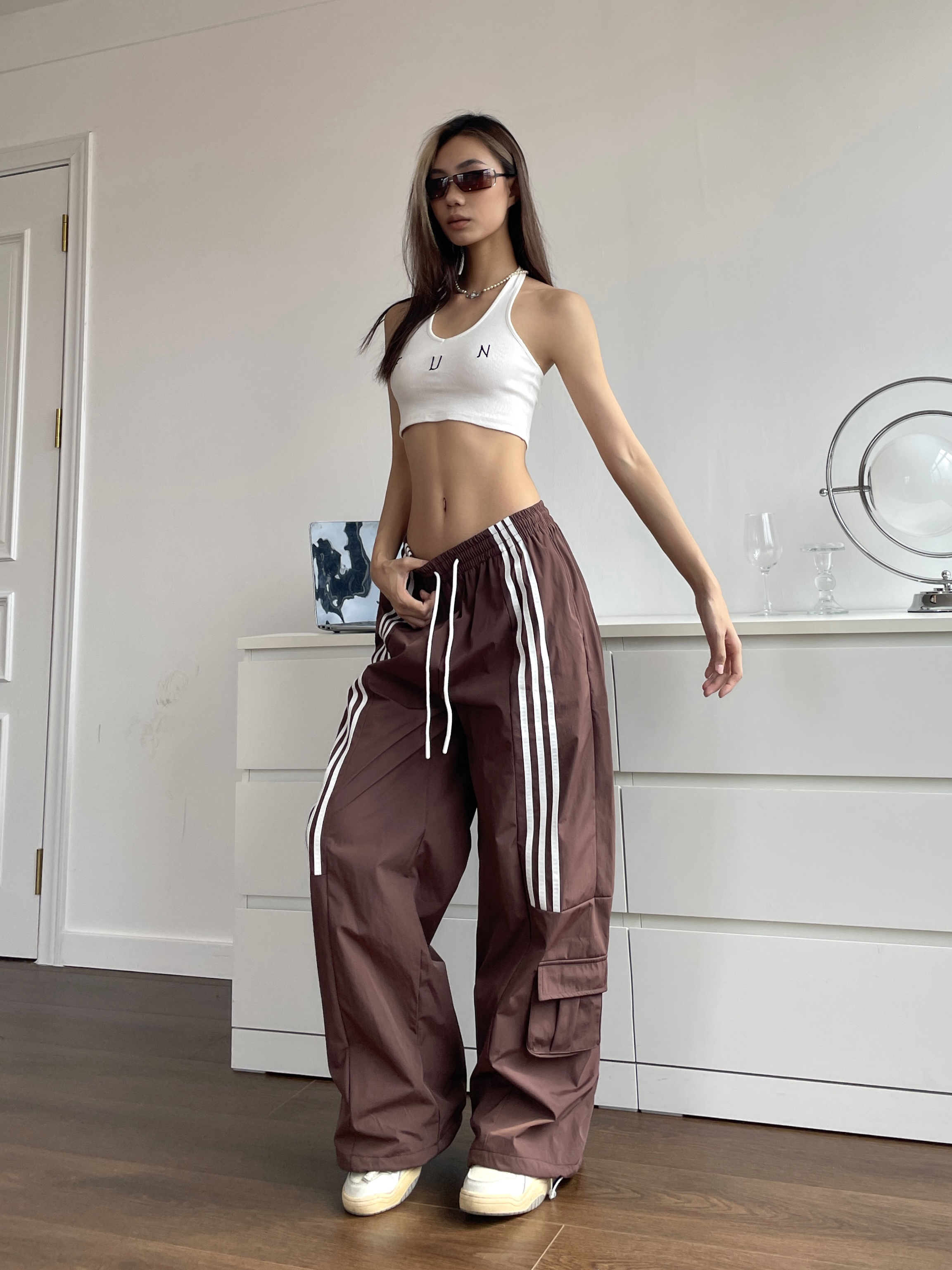 Brown Wide-Leg Casual Pants for Women - Retro Hip-Hop Street Dance Style, Loose Fit, Drawstring Detail, Floor-Length, American-Style