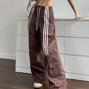 Brown Wide-Leg Casual Pants for Women - Retro Hip-Hop Street Dance Style, Loose Fit, Drawstring Detail, Floor-Length, American-Style