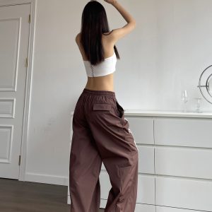 Brown Wide-Leg Casual Pants for Women - Retro Hip-Hop Street Dance Style, Loose Fit, Drawstring Detail, Floor-Length, American-Style