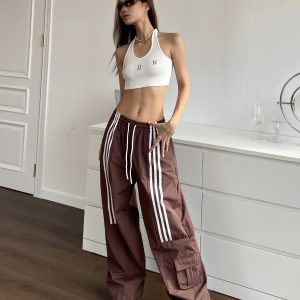 Brown Wide-Leg Casual Pants for Women - Retro Hip-Hop Street Dance Style, Loose Fit, Drawstring Detail, Floor-Length, American-Style