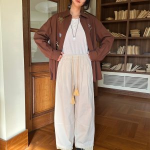 Bulin Magazine Tassel Spliced Casual Wide-Leg Pants - Versatile Loose Fit Trousers for Effortless Style