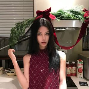 Burgundy Sleeveless Dress with French Diamond Pattern - Women's Spring Short Skirt, Y2K Chic, Perfect for Casual Outings