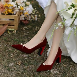 Burgundy Velvet Chunky Heel Wedding Shoes for Brides - Dual-Use, Comfortable High-End Toast High Heels for Wedding Dress