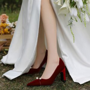 Burgundy Velvet Chunky Heel Wedding Shoes for Brides - Dual-Use, Comfortable High-End Toast High Heels for Wedding Dress
