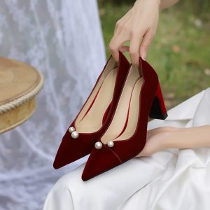 Burgundy Velvet Chunky Heel Wedding Shoes for Brides - Dual-Use, Comfortable High-End Toast High Heels for Wedding Dress