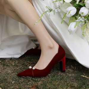 Burgundy Velvet Chunky Heel Wedding Shoes for Brides - Dual-Use, Comfortable High-End Toast High Heels for Wedding Dress
