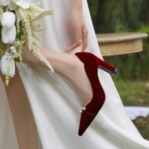 Burgundy Velvet Chunky Heel Wedding Shoes for Brides - Dual-Use, Comfortable High-End Toast High Heels for Wedding Dress