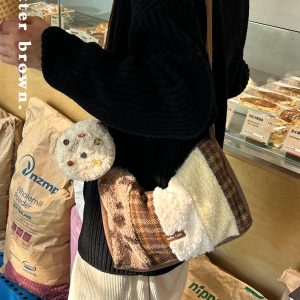 Butter Brown Plush Splicing Crossbody Tote Bag - Large Capacity Canvas Bag for Autumn Winter Style