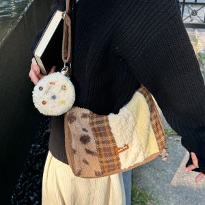 Butter Brown Plush Splicing Crossbody Tote Bag - Large Capacity Canvas Bag for Autumn Winter Style