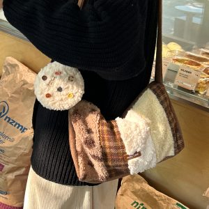 Butter Brown Plush Splicing Crossbody Tote Bag - Large Capacity Canvas Bag for Autumn Winter Style