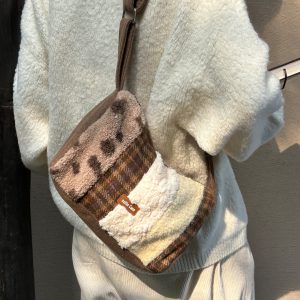 Butter Brown Plush Splicing Crossbody Tote Bag - Large Capacity Canvas Bag for Autumn Winter Style
