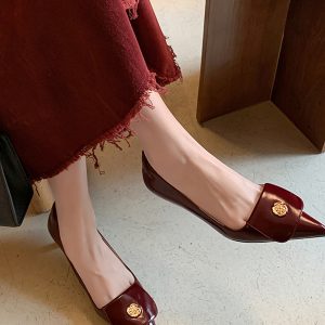 Camellia Low-Heeled Slip-On Single Shoes for Women, Genuine Leather, French Wine Red, Pointed Toe, Chic Commuting Style