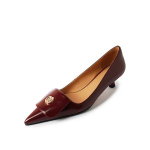 Camellia Low-Heeled Slip-On Single Shoes for Women, Genuine Leather, French Wine Red, Pointed Toe, Chic Commuting Style