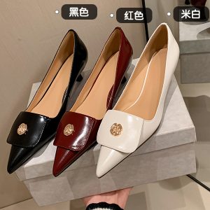 Camellia Low-Heeled Slip-On Single Shoes for Women, Genuine Leather, French Wine Red, Pointed Toe, Chic Commuting Style