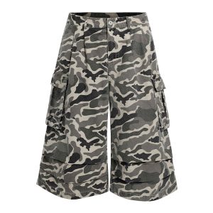 Camouflage Cargo Shorts for Men, Loose Trendy Vintage Style, American Casual Three-Quarter Pants for Summer 2025
