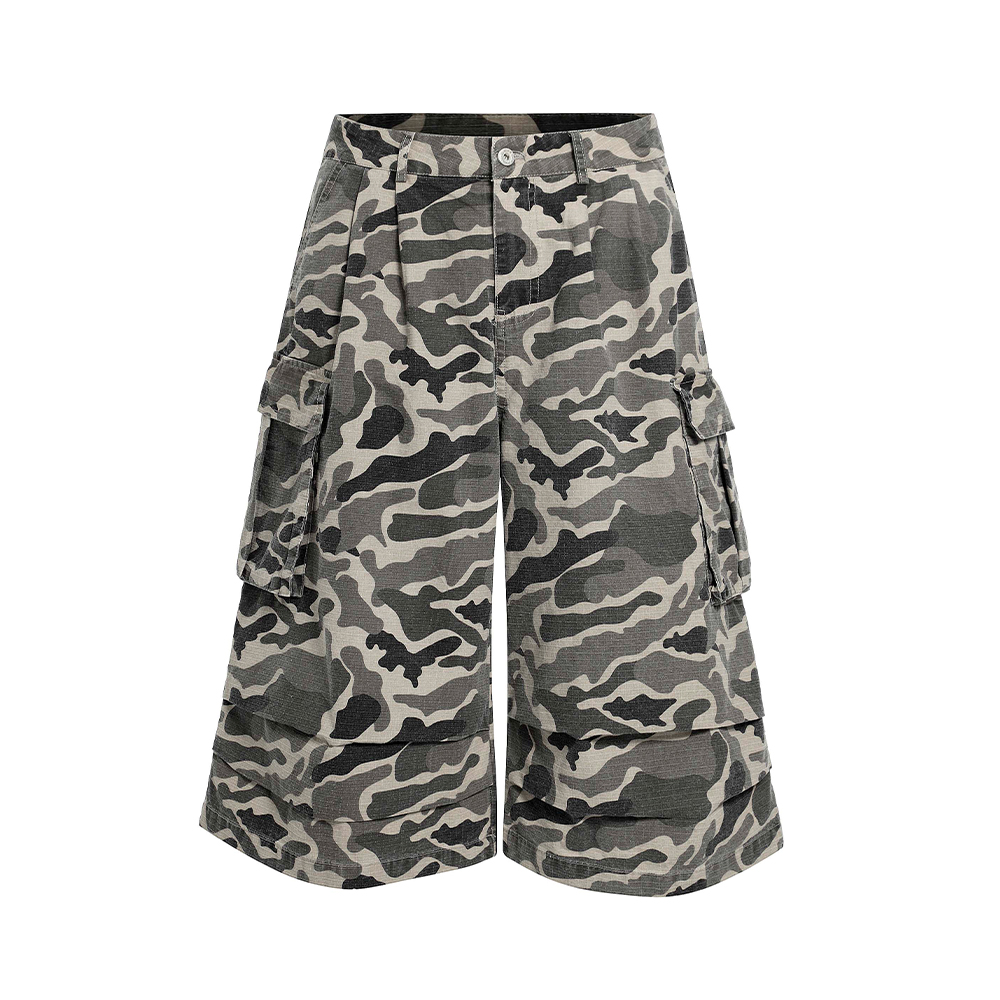 Camouflage Cargo Shorts for Men, Loose Trendy Vintage Style, American Casual Three-Quarter Pants for Summer 2025