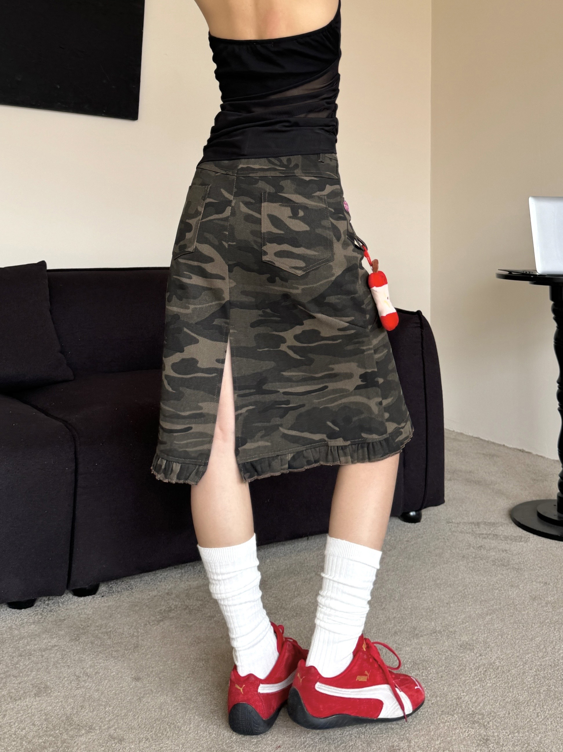Camouflage Print Pleated Slit Mermaid Skirt - Spicy Summer American Retro Slim A-Line Style for Hot Girl Vibes