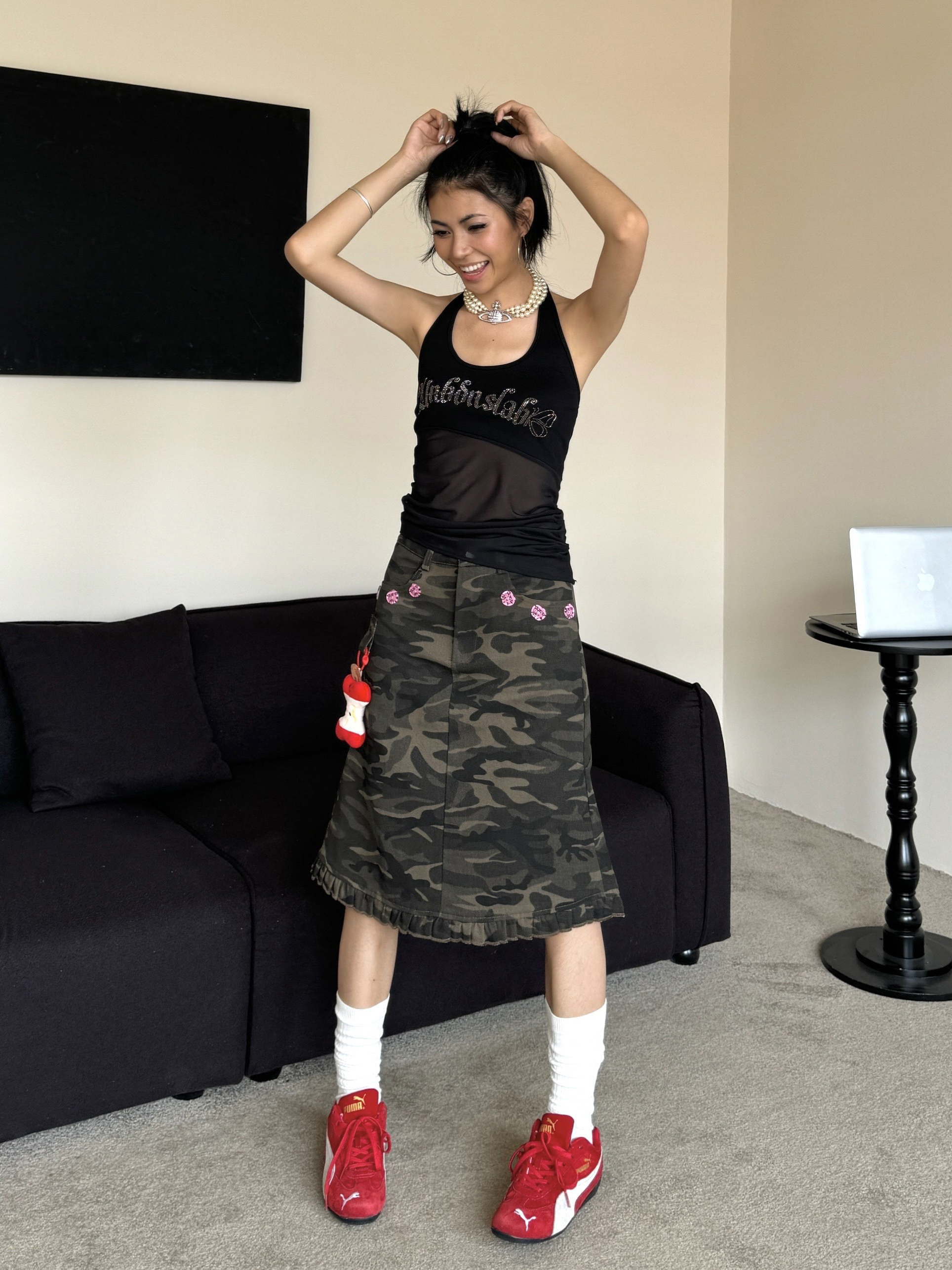 Camouflage Print Pleated Slit Mermaid Skirt - Spicy Summer American Retro Slim A-Line Style for Hot Girl Vibes
