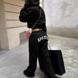 Casual American Style Letter Print Short Hoodie Jacket and High-Waisted Trendy Long Pants Set