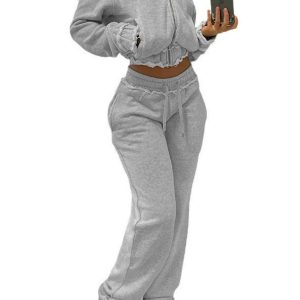 Casual American Style Letter Print Short Hoodie Jacket and High-Waisted Trendy Long Pants Set