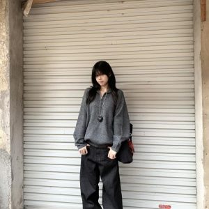Casual Gray Half-Zip Knitted Sweater - Eccentric American Style, Loose Fit, Versatile Long Sleeve Top for Effortless Chic