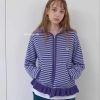 Casual Hooded Knitted Cardigan Sweater Coat with Ruffled Zip-Up, Color-Blocking, Striped and Polka Dot Design for Street Style