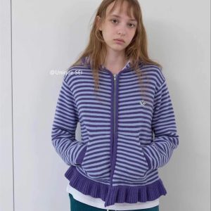 Casual Hooded Knitted Cardigan Sweater Coat with Ruffled Zip-Up, Color-Blocking, Striped and Polka Dot Design for Street Style