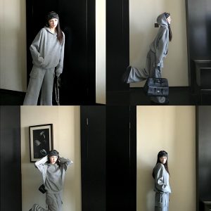 Casual Knitted Hoodie and Loose Fit Pants Set - High-Frequency Lazy Style Lounge Wear for Relaxed 90s Inspired Looks