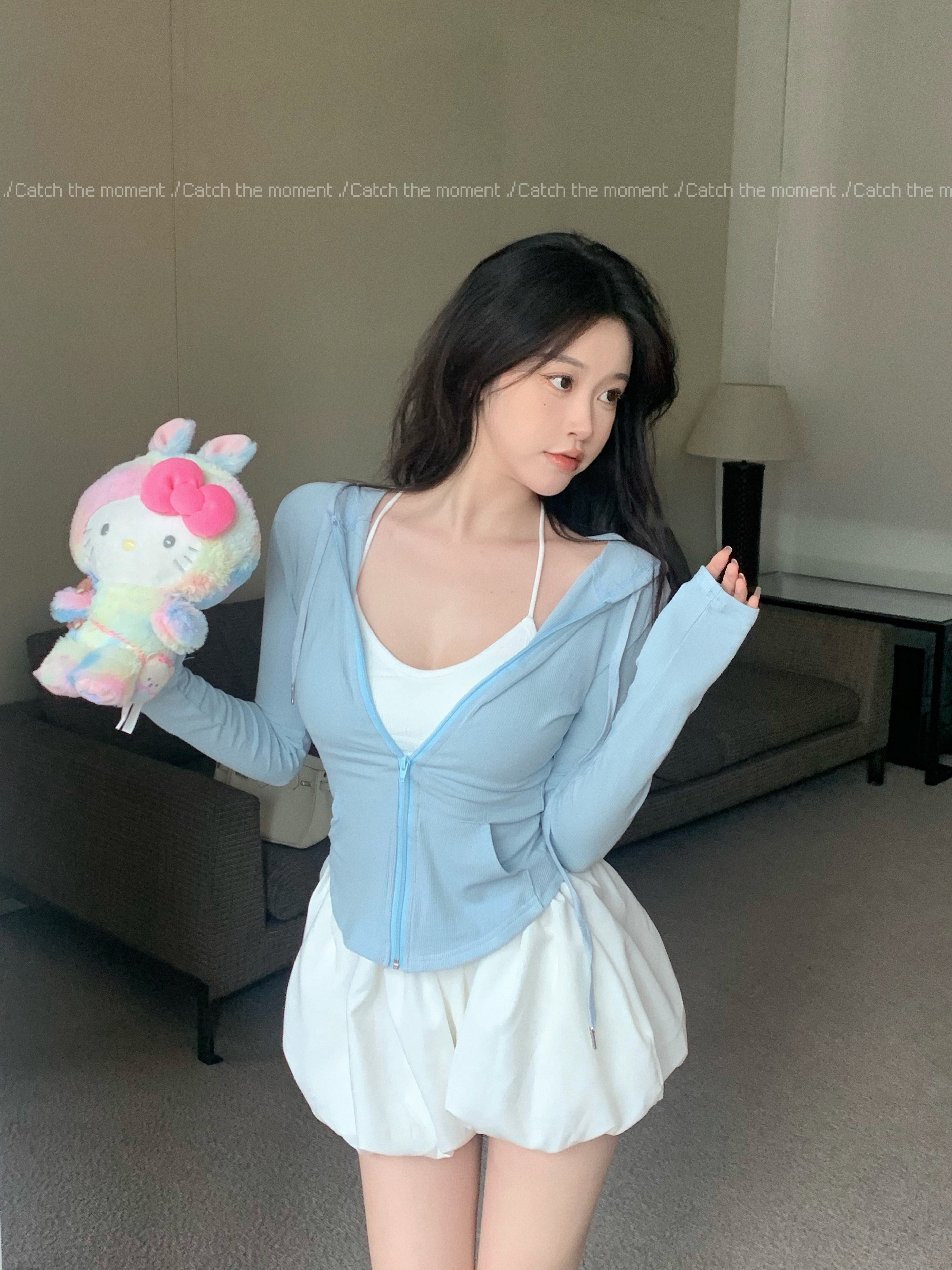 Casual Korean Style Long Sleeve Hooded Sweatshirt with Sun Protection and Flower Bud Shorts - Sweet and Spicy 3-Piece Set