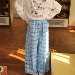 Casual Loose Checkered Wide-Leg Pants with Drawstring - Relaxed Fit, Perfect for Y2K and Everyday Style