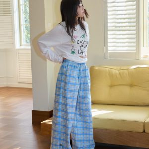 Casual Loose Checkered Wide-Leg Pants with Drawstring - Relaxed Fit, Perfect for Y2K and Everyday Style