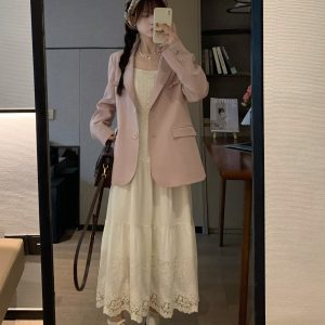 Casual Loose-Fit Mid-Length Pink Blazer for Women - Spring 2023 Slimming Silhouette Fashion Outerwear