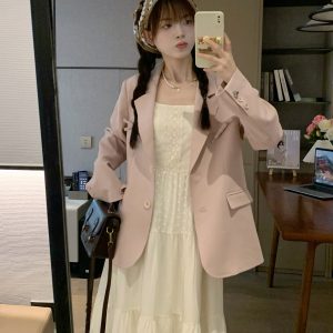 Casual Loose-Fit Mid-Length Pink Blazer for Women - Spring 2023 Slimming Silhouette Fashion Outerwear