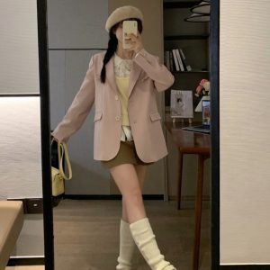 Casual Loose-Fit Mid-Length Pink Blazer for Women - Spring 2023 Slimming Silhouette Fashion Outerwear