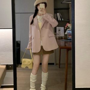 Casual Loose-Fit Mid-Length Pink Blazer for Women - Spring 2023 Slimming Silhouette Fashion Outerwear