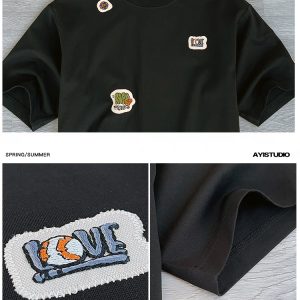 Casual Minimalist Patch Embroidery Short Sleeve T-Shirt for Men - Summer Trendy Round Neck Tee in Hong Kong Style