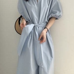 Casual Short Sleeve Dress for Women, Bubble Sleeve Tie-Up French Waist, Pure Cotton, 2025 Summer Style